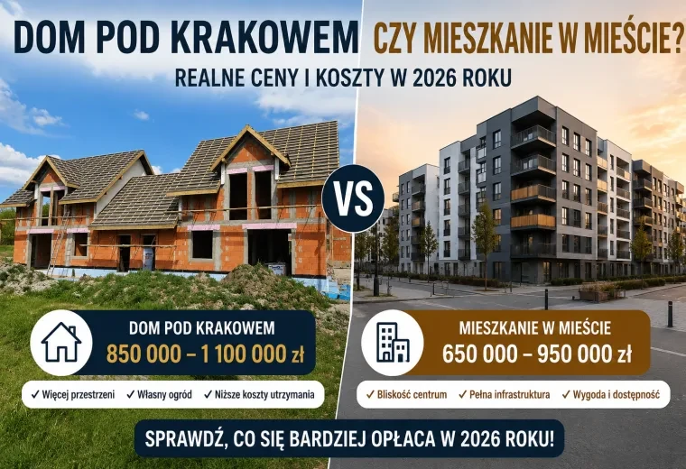 Dom pod Krakowem czy mieszkanie w mieście? Realne ceny i koszty w 2026 roku
