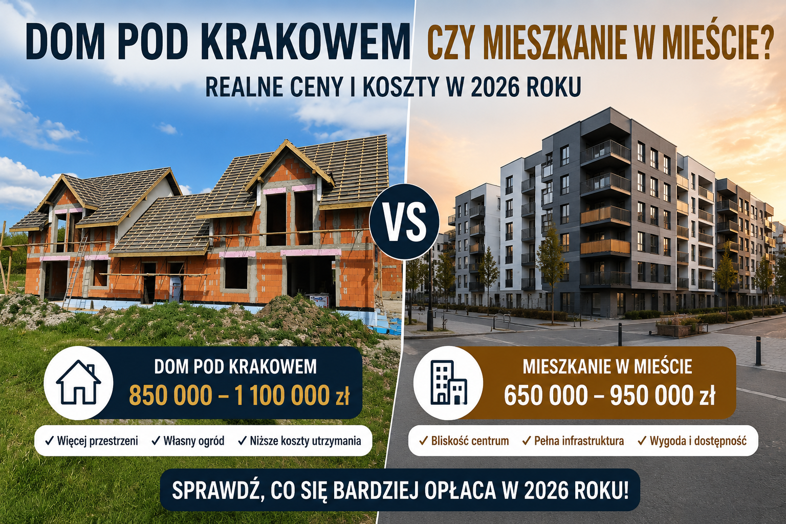 Dom pod Krakowem czy mieszkanie w mieście? Realne ceny i koszty w 2026 roku